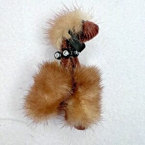 Vtg 1950s Genuine Mink Fur Poodle Dog Sweater Guard Clip Pin Brooch Rhinestones
